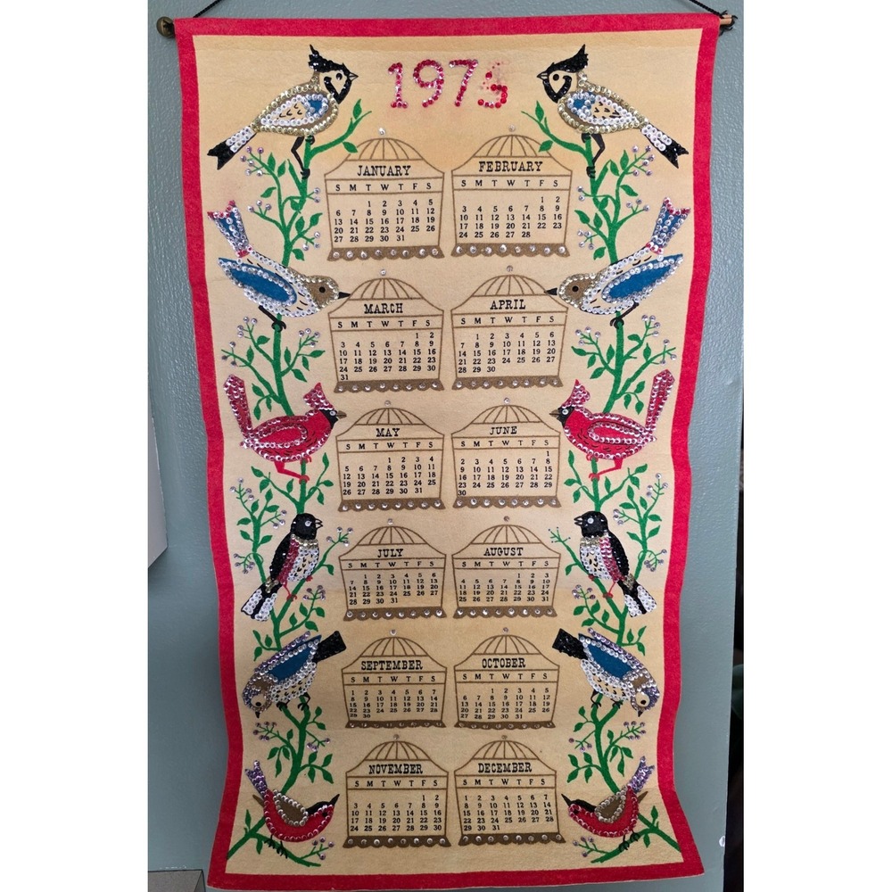 Vintage 1974 Calendar Wall Hanging 30x16.5 Tan Sequin Bird Retro Kitschy Retro